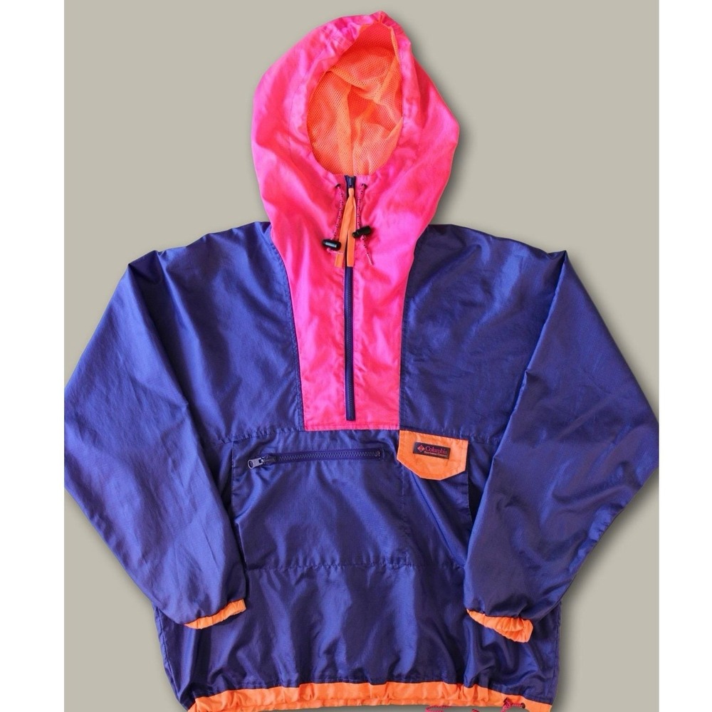 Columbia Vintage 90s Colorblock Anorak Windbreaker XL Purple Pink Neon Jacket
